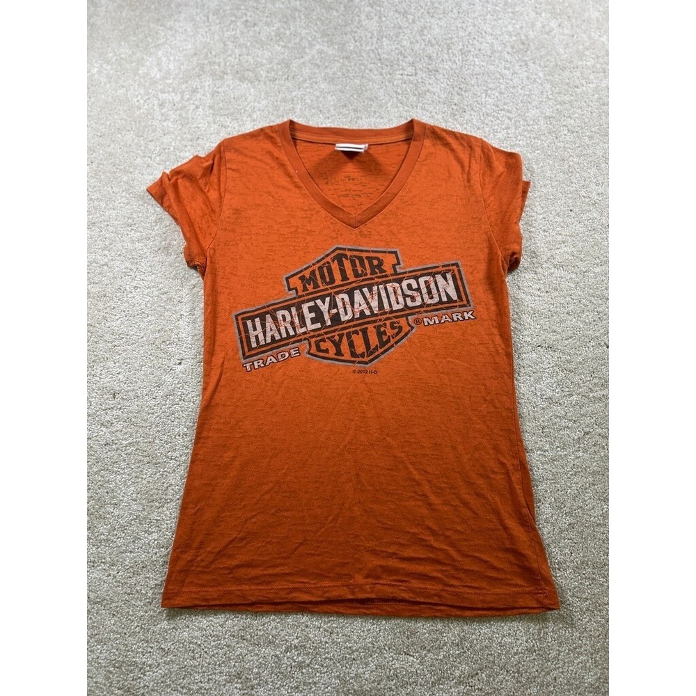 Harley Davidson Size L Orange Graphic Logo T Shirt Vneck Short Sleeve Burnout
